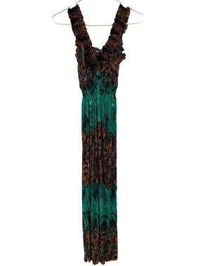 Romantic Sini Maxi Dress XL Smocked Sleeveless Peacock Feather Green Orange NEW